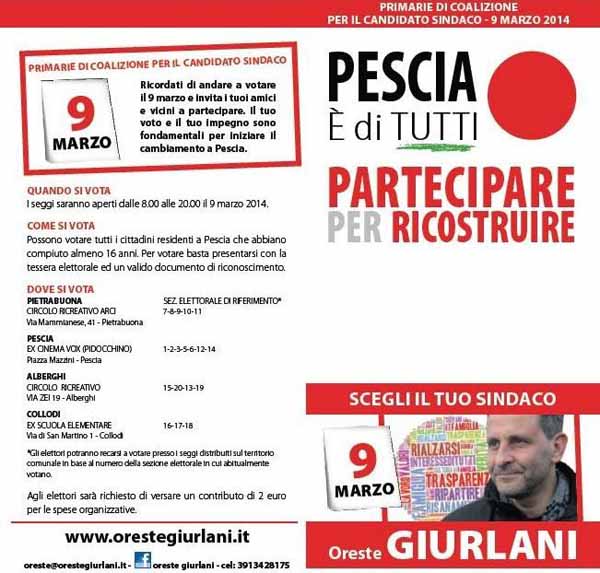 DOMENICA 9 MARZO PRIMARIE PD PER IL SINDACO DI PESCIA DOMENICA 9 MARZO PRIMARIE PD PER IL SINDACO DI PESCIA