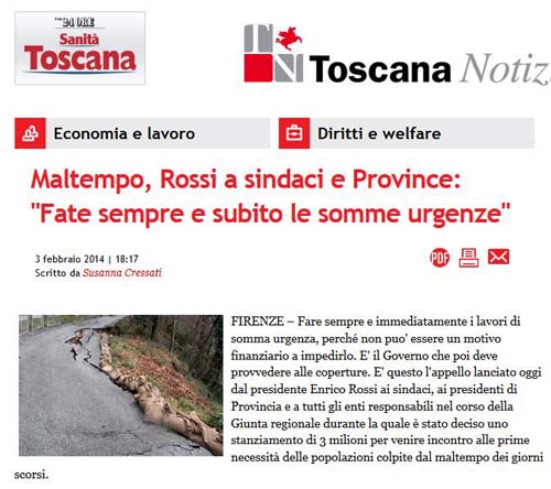 MALTEMPO, ROSSI A SINDACI E PROVINCE: «FATE SEMPRE E SUBITO LE SOMME URGENZE»