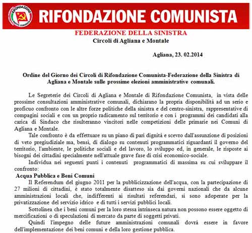 CIRCOLI DI RIFONDAZIONE COMUNISTA-FEDERAZIONE DELLA SINISTRA DI AGLIANA E MONTALE CIRCOLI DI RIFONDAZIONE COMUNISTA-FEDERAZIONE DELLA SINISTRA DI AGLIANA E MONTALE