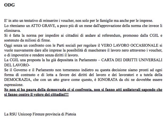 cgil-unicoop. NO ALLA REINTRODUZIONE DEI VOUCHER cgil-unicoop. NO ALLA REINTRODUZIONE DEI VOUCHER
